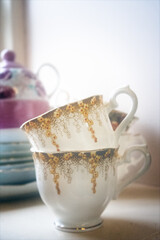 Fine afternoon English bone china afternoon tea cups and saucers.