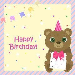 Birthday card for baby girl and boy. Cute bear holding prezent. I love you. Kids card. Pastel colors. Vector illustration