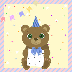 Birthday card for baby girl and boy. Cute bear holding prezent. I love you. Kids card. Pastel colors. Vector illustration