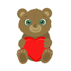 Cute little bear holding red heart. I love you. Valentines day. Birthday card. Vector illustration.