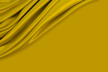 Beautiful smooth elegant wavy golden mustard yellow satin silk with yellow monochrome background design. Luxury cloth fabric texture.