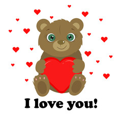 Cute little bear holding red heart. I love you. Valentines day. Birthday card. Vector illustration.