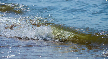 Sea wave with spray and foam near the shore