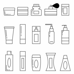 Beauty shop thin line icons set: skin care, cream, gel, organic cosmetics, soap dispenser, hair care, face oil, shampoo. Modern vector illustration. Cosmetic packages set with bottles tubes