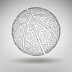 Basketball ball consisting of 3D triangles, lines, points and links. Vector illustration of EPS 10.