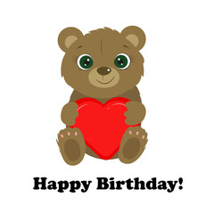 Cute little bear holding red heart. I love you. Valentines day. Birthday card. Vector illustration.