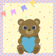 Birthday card for baby girl and boy. Cute bear holding heart. I love you. Kids card. Vector illustration