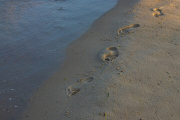 Footprints of a man on the yellow beach sand from walking barefoot by the sea with water that washes away the footprints.