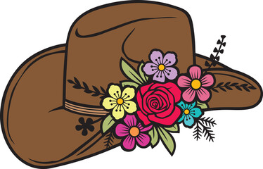 Cowboy Hat with Flowers Color Vector Illustration