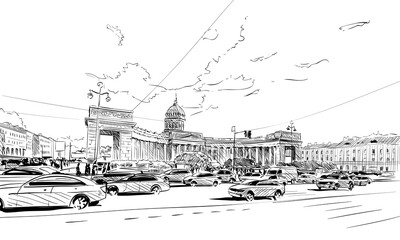 Russia. Saint Petersburg. Kazan Cathedral hand drawn sketch. City vector illustration