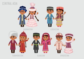 Vector illustration of a man and a woman in Uzbek national costume on a white background, set of elements, ornament