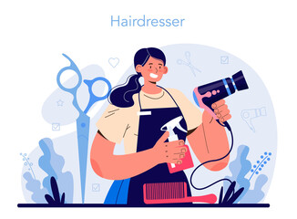 Hairdresser concept. Idea of hair care in salon. Scissors and brush