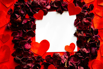 Valentine frame from flower petals, love symbol