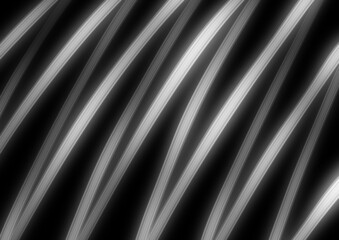 Abstract art background black color with wavy silver neon lines. Backdrop with curve fluorescent gray ribbon.
