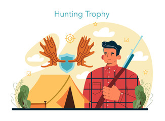 Hunter. Man with a weapon hunting in a woods with a dog. Hunting sport