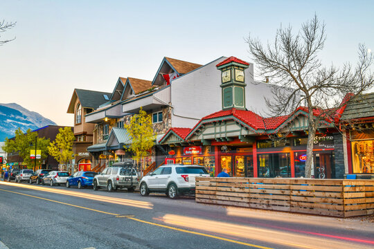 ALBERTA, CANADA - SEP 30, 2017 :The streets of Canmore in canadian Rocky Mountains. Canmore is located in the Bow Valley near Banff National park and one of the most famous town in Canada