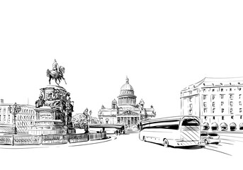 Russia. Saint Petersburg. Saint Isaac's Cathedral. Equestrian monument to Nicholas I hand drawn sketch. City vector illustration