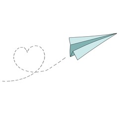 paper airplane with heart shaped trail, design element for valentine's day