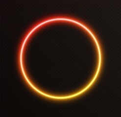 Gradient neon circle, orange-yellow glowing border isolated on a dark background. Colorful night banner, vector light effect. Bright illuminated shape.