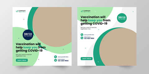 Medical vaccination social media post template. Modern square banner with place for the photo. Usable for social media, banners, cover, and websites.
Vaccination social media post template banner.