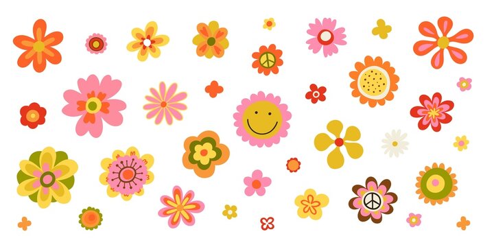 Hippie flowers set. Hippy style blossoms, retro vintage hand drawn decorative elements, 60s and 70s abstract flower, bright colors childish cute decor, doodle objects peace and funny faces vector