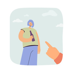 Hand pointing at sad woman with alcohol bottle flat vector illustration. Society blaming drunk girl or addicted person. Alcoholism, problem concept for banner, website design or landing web page