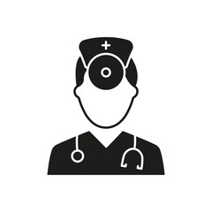 Otolaryngologist Doctor Silhouette Icon. Otolaryngology Medic Staff with Stethoscope, Mirror Black Pictogram. Ear, Nose, Throat Doctor Icon. Isolated Vector Illustration