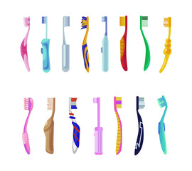 Colorful toothbrushes cartoon illustration set. Kids and adults dental cleaning electric brushes for whiter smile and dental health vector illustration collection. Mouth cavity hygiene concept