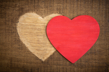 Valentine's Day greetings concept. Heart shape carved on the wood. Valentines greeting card. Free space for your text