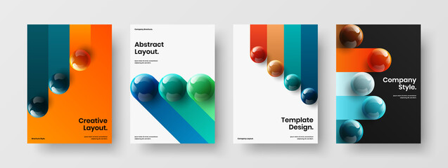 Isolated annual report design vector template set. Multicolored realistic spheres company cover layout collection.