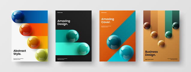 Unique company brochure A4 vector design illustration collection. Clean 3D balls corporate cover concept bundle.