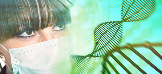 Woman closeup with a medical mask on the face with structure of DNA