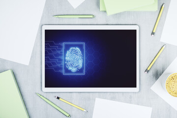 Abstract creative fingerprint concept on modern digital tablet screen. Top view. 3D Rendering