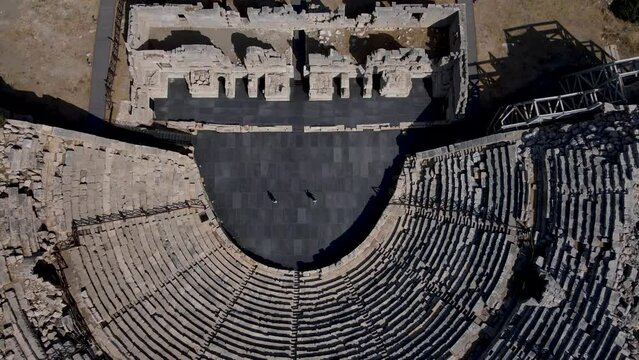 Aerial view. The ruins of the ancient theater of the Lycian civilization in Patara in Turkey. Patara Antique City. 