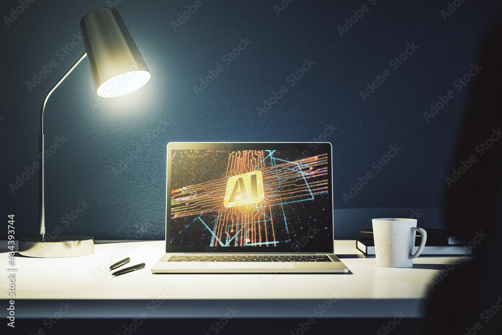 Poster modern computer monitor with creative artificial intelligence icon. neural networks and machine lear