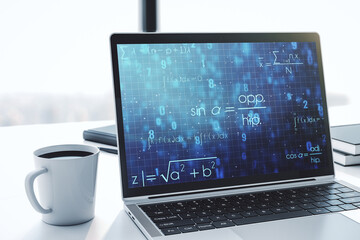 Creative scientific formula hologram on modern laptop monitor, research concept. 3D Rendering