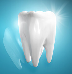 Human tooth 3d render illustration on blue background