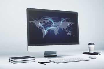 Modern computer monitor with abstract digital world map with connections, research and strategy concept. 3D Rendering