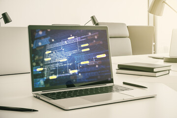 Modern computer screen with abstract creative coding sketch, artificial intelligence and neural networks concept. 3D Rendering