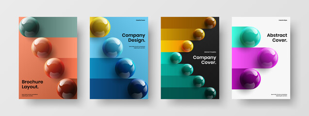 Modern 3D spheres leaflet concept set. Minimalistic magazine cover design vector template collection.