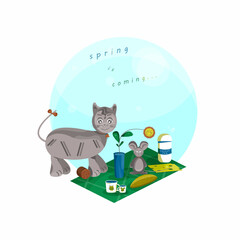 Domestic animals cat and mouse having picnic on spring day. The outing basket includes sausage, a slice of cheese, bread, thermos with coffee or tea, vase with sunflower located on green carpet 