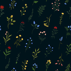 Fototapeta na wymiar Seamless pattern with wildflowers. Wild flowers floral botanical print. Meadow and field herbs textile. Delicate summer flowers print for bed linen, fabric, textile, wrapping paper on black background