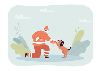 Happy cartoon fireman holding paw of cute dog. Male character in red uniform playing with puppy flat vector illustration. Protection, animals, nature concept for banner, website design or landing page