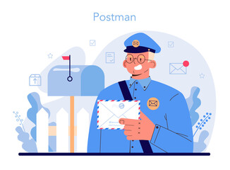 Postman profession. Post office staff providing mail service,