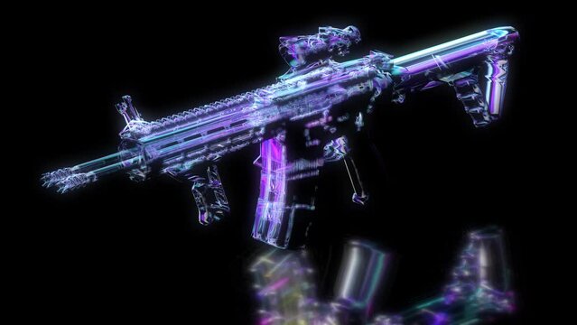 Cyberpunk sky-fi HUD digital weapon. 3d render of a gun in neon colors. 4K footage
