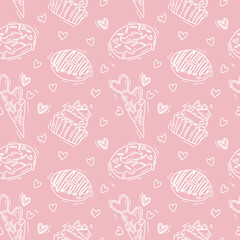 Seamless pattern with different sweet icons. Cute doodle illustration with cookies and cakes and hearts.