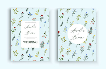 Save the date wedding invite card with wildflowers. Vector botanical floral bridal template border, cover, decorative invitation. Flat illustration