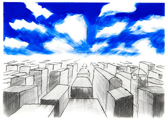 Drawing of the view from the feather face when flying over the roofs of buildings and the sky with clouds. The sky is blue with clouds. Symmetrical horizon line. Drawing with ink, pencil and paints.