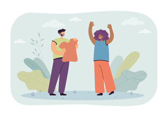 Man giving new T-shirt to girlfriend flat vector illustration. Happy woman raising hands up, rejoicing at gift from boyfriend. Present, love concept for banner, website design or landing web page