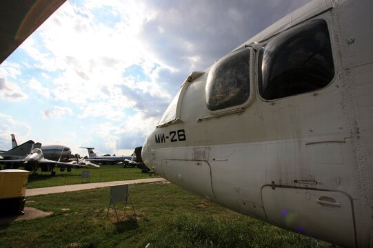 View of the convex side windows at the cockpit area of a Mil Mi-26 "Halo" heavy transport helicopter at the Zhulyany State Aviation Museum of Ukraine
